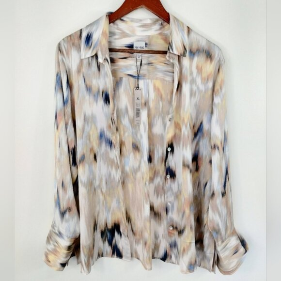 NIC+ZOE Woven Ikat Button Front Blouse XL Beige Tan Office Casual F211644 - Picture 3 of 8